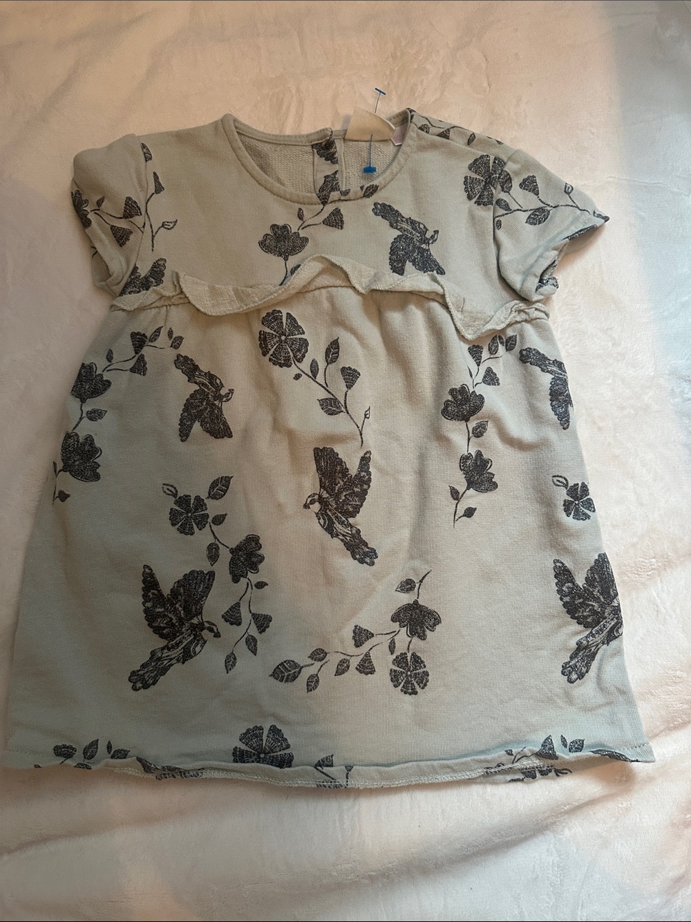 Zara Babygirl Floral & Bird Print Short Sleeve Dress - Sage